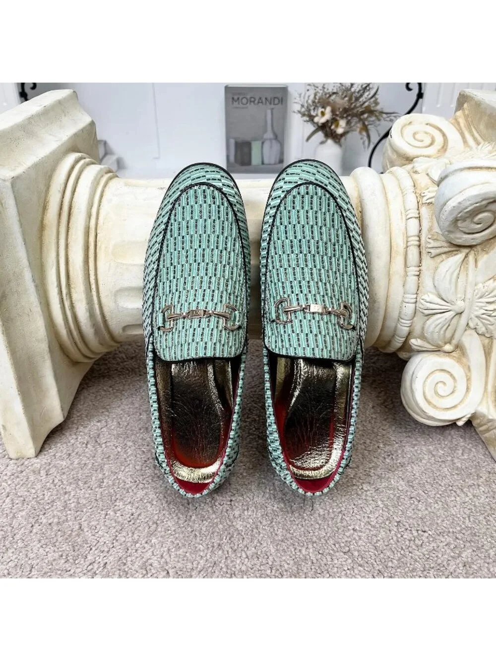 LCQL Men's Green Leather Velvet Loafer Gold Buckle Slip On Comfortable Shoes